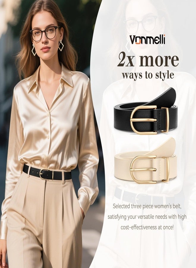 VONMELLI 2 Pack Women's Belts for Jeans Pants Fashion Gold Buckle Ladies Dress Belt Black Beige S - Image 3